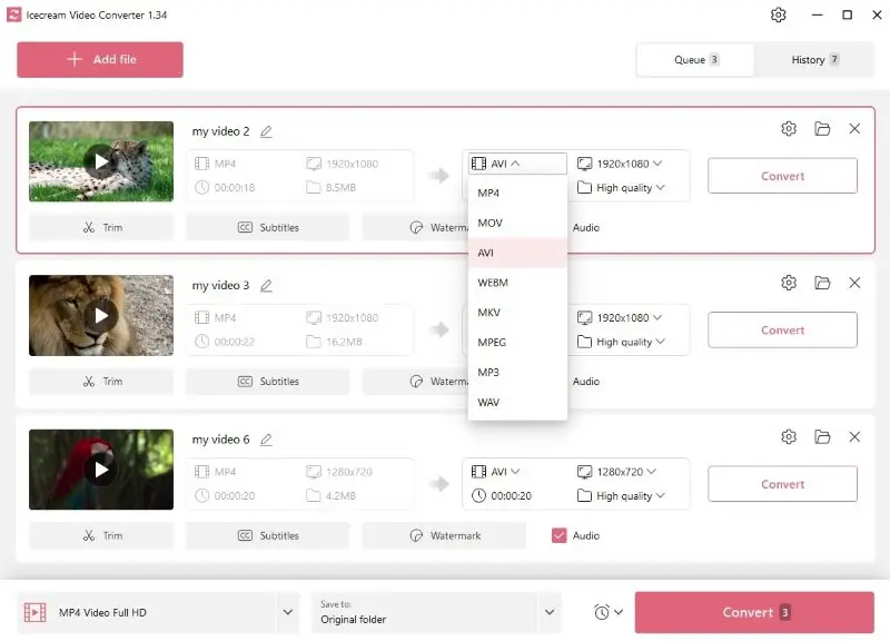 Wybierz format wideo AVI jako wyjściowy w Icecream Video Converter