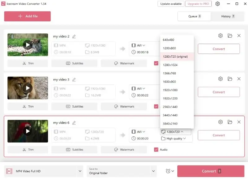 Ustaw wyjściową rozdzielczość wideo dla konwersji MP4 do AVI w Icecream Video Converter