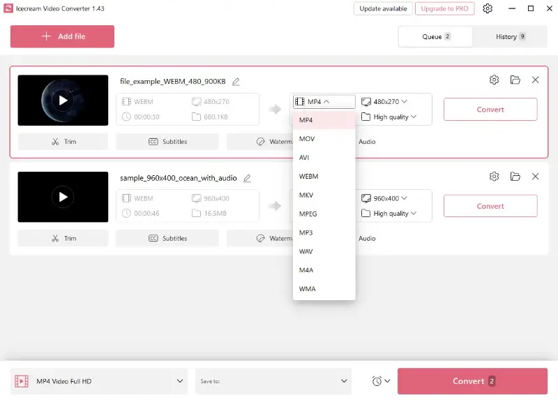 Choosing output format in Icecream Video Converter