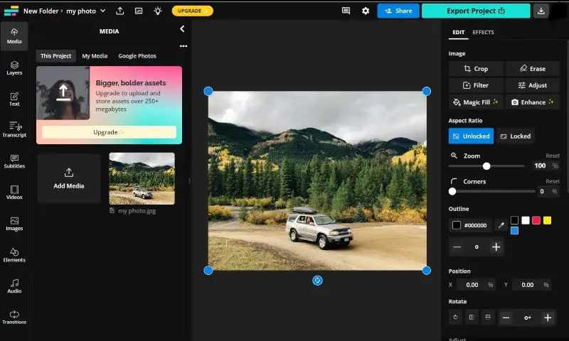 Resize photos online in Kapwing online service