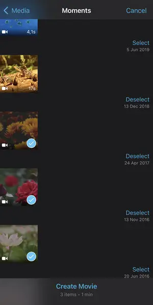 Importowanie klipów do połączenia w iMovie na iPhonie