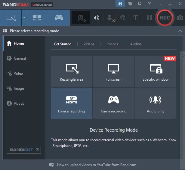 Bandicam start screen - record webcam mode