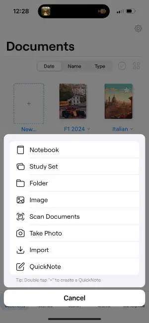 Создание новой заметки в Goodnotes