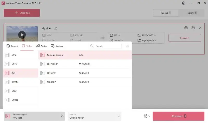 Select AVI as output format for all queued videos in Icecream Video Converter