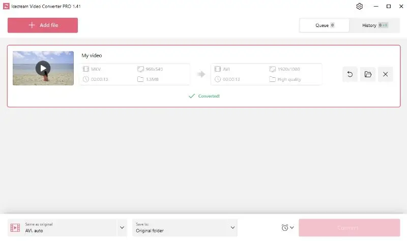 Conversion finished in Icecream Video Converter
