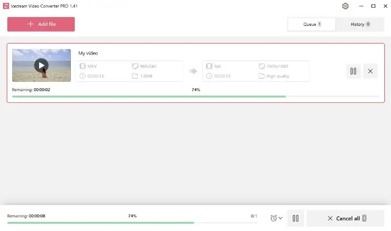 Start MKV to AVI conversion in Icecream Video Converter