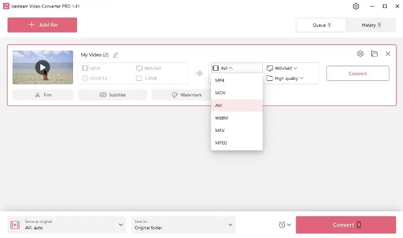 Set AVI format as the output one for files individually in Icecream Video Converter
