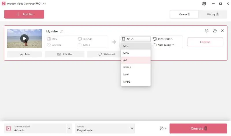 Select AVI as output format for each video file individually in Icecream Video Converter