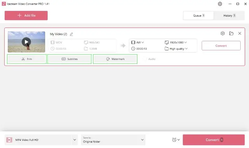 Editing options of Icecream Video Converter: trim, add subtitles and watermark
