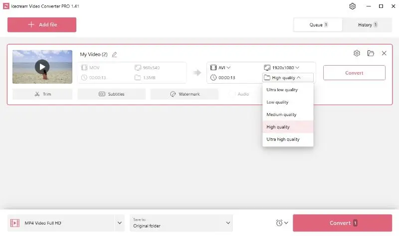 Video quality setting available in Icecream Video Converter