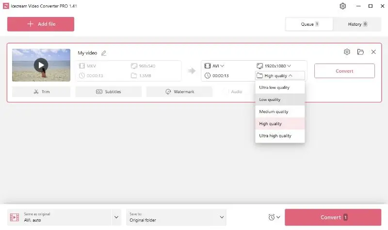 Video quality settings in Icecream Video Converter