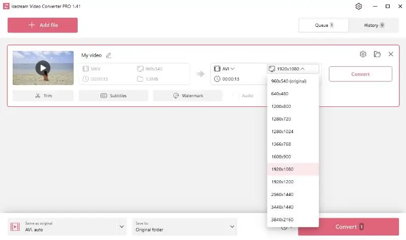 Video resolution settings in Icecream Video Converter