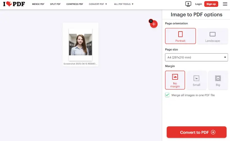iLovePDF'de JPG'yi PDF'ye dönüştürme