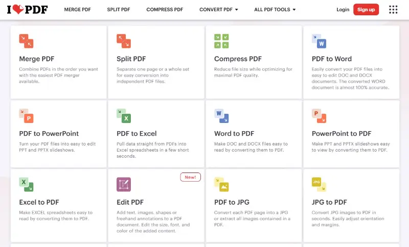 iLovePDF file conversion interface iLovePDF file conversion interface
