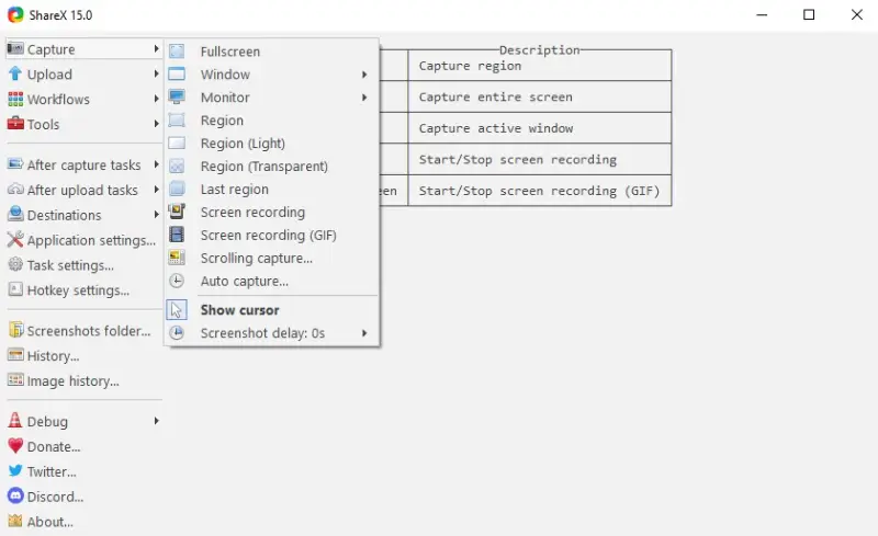 ShareX - screen capture menu