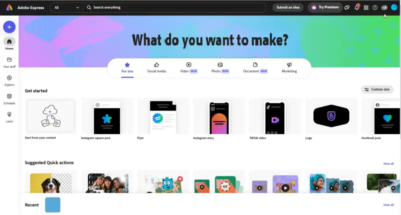Интерфейс сервиса для создания презентаций Adobe Express