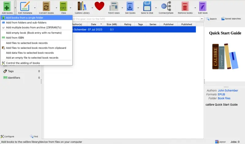 Calibre eBook reader - add books