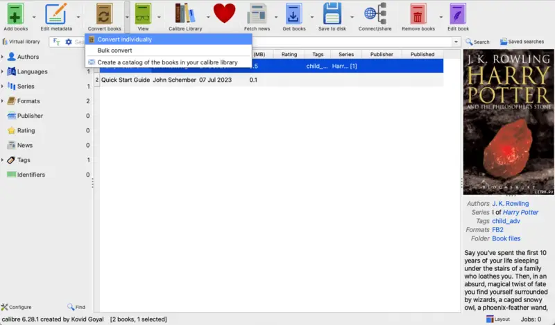 Pick to convert FB2 to PDF in Calibre on macOS