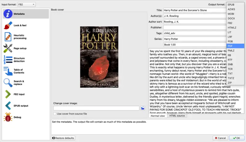 Run the FB2 to PDF conversion on Mac in Calibre