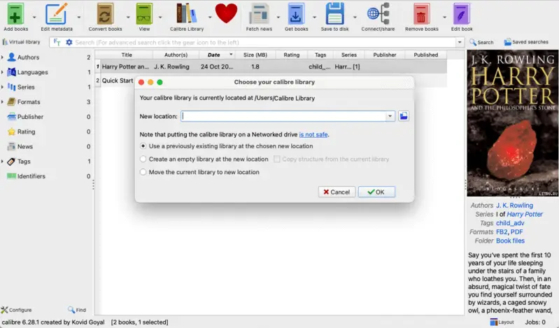 Settings of Calibre ebook reader suitable for FB2 files