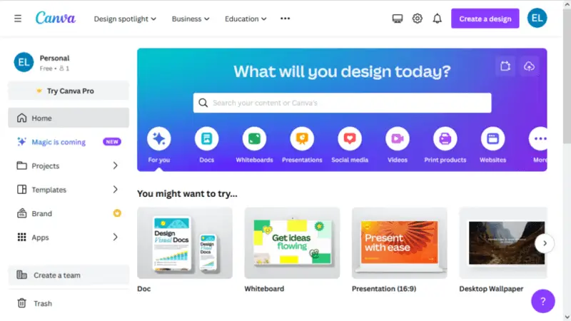 Canva main page