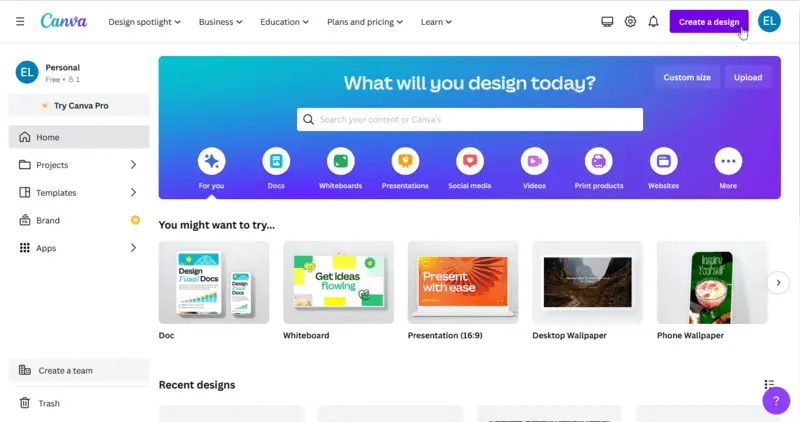 Интерфейс сайта для создания презентаций Canva