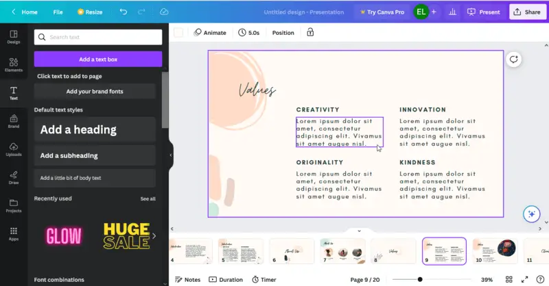 Добавление и редактирование текста презентации в сервисе Canva