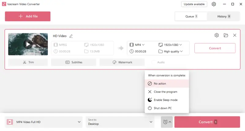 Action after video to MP3 conversion in Icecream Video Converter