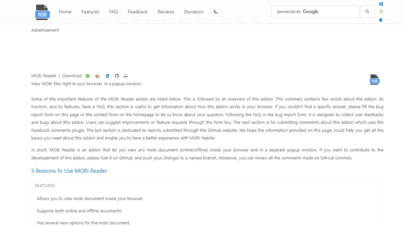 MOBI Reader Chrome extension description