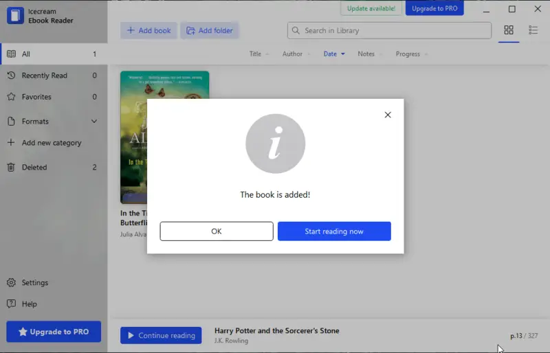 MOBI format ebook successfully added to Icecream Ebook Reader