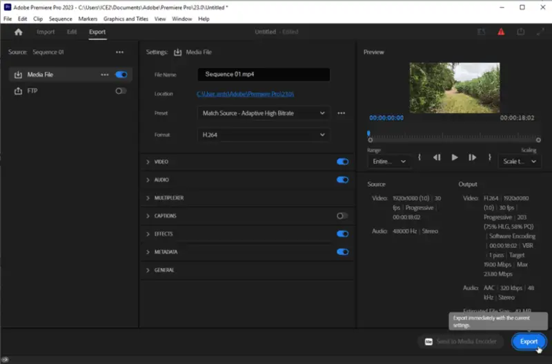 Eksport nowego projektu po scaleniu wideo w programie Adobe Premiere Pro