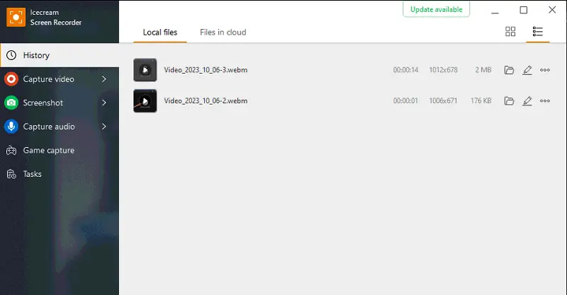 History tab in Icecream Screen Recorder