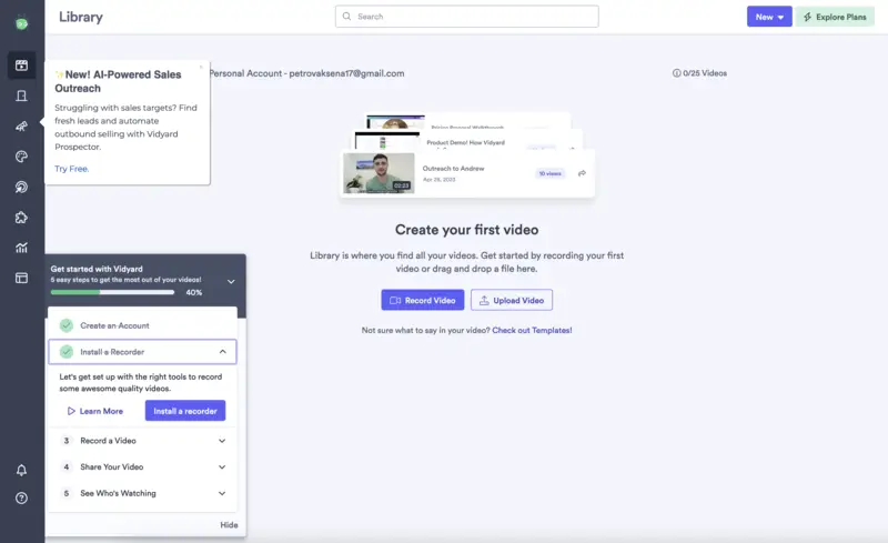 Start screen of Vidyard - screen and webcam recorder