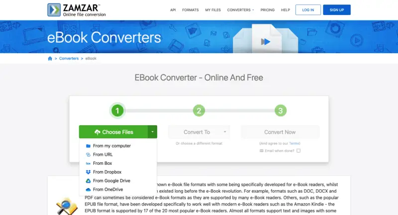 Add FB2 files to Zamzar for conversion to PDF format