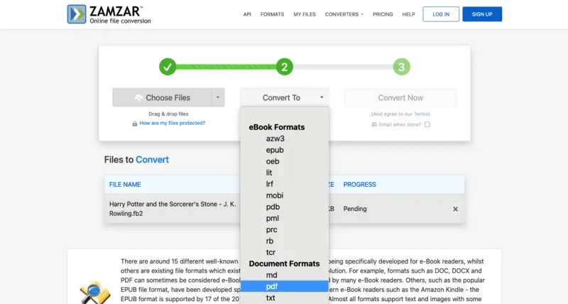 How to convert FB2 to PDF online on Zamzar website