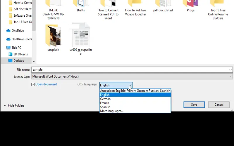 Select the OCR PDF to Word language