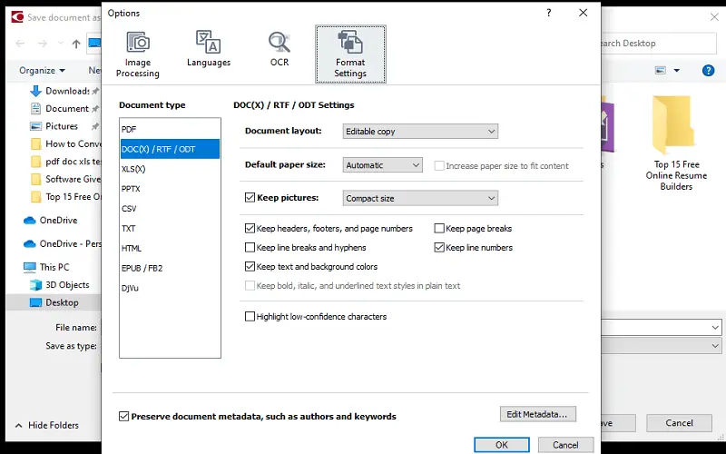 Format settings in Abbyy FineReader