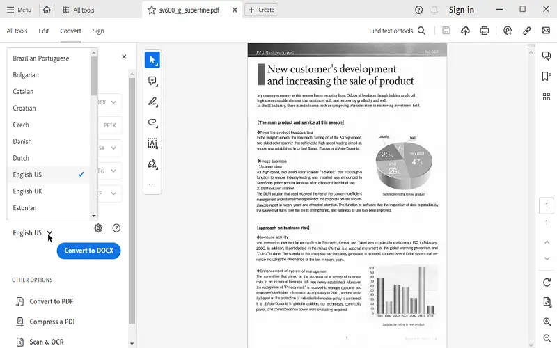 Select the OCR language in Adobe Acrobat