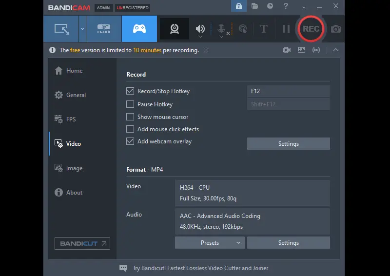Hotkey choice in Bandicam Hotkey choice in Bandicam