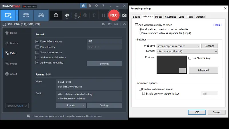 Bandicam webcam settings