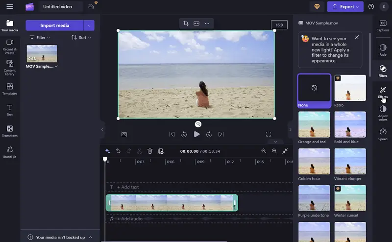 Clipchamp variety of filters