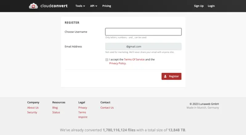 Register on the video converting website
