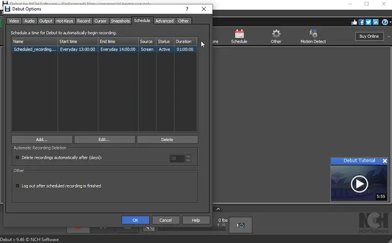 Debut Video Capture - schedule tools