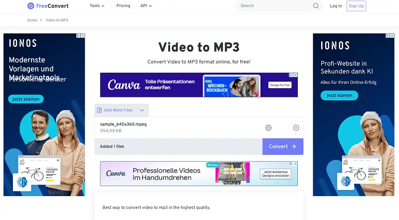 Video to audio converter on FreeConvert website interface Video to audio converter on FreeConvert website interface