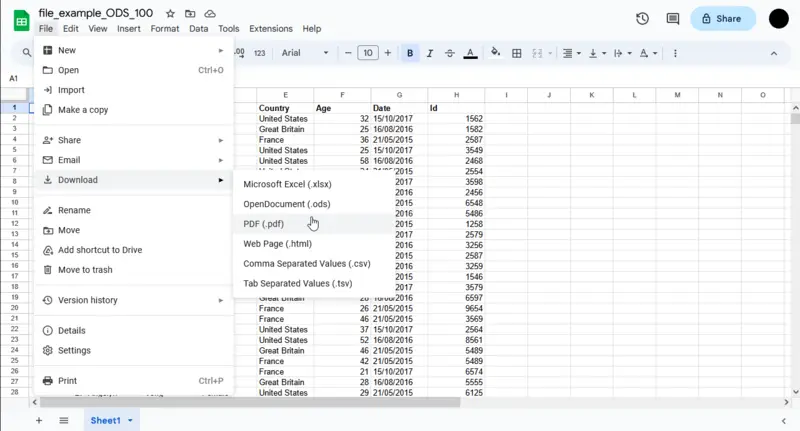 Конвертация ODS в PDF в Google Sheets