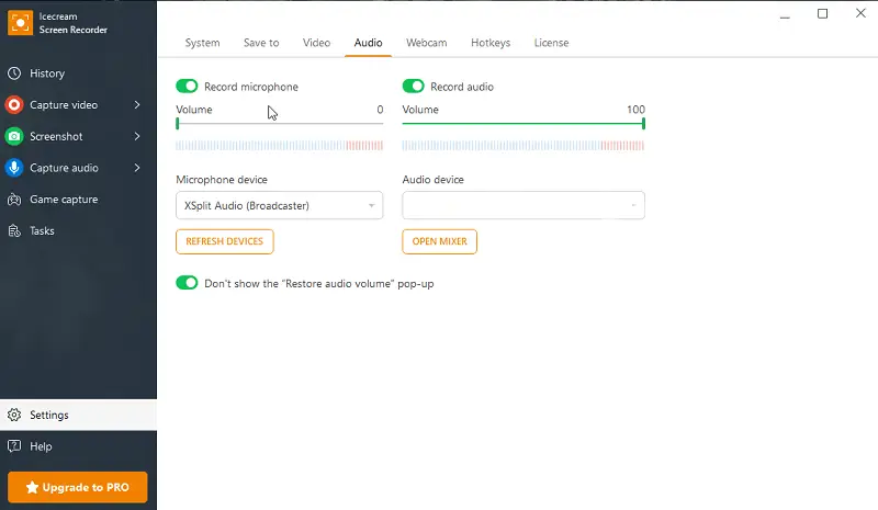 Icecream Screen Recorder: screen and audio recording settings