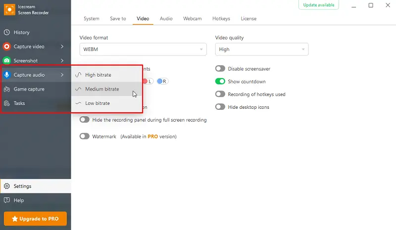 Video recording options of Icecream Screen Recorder