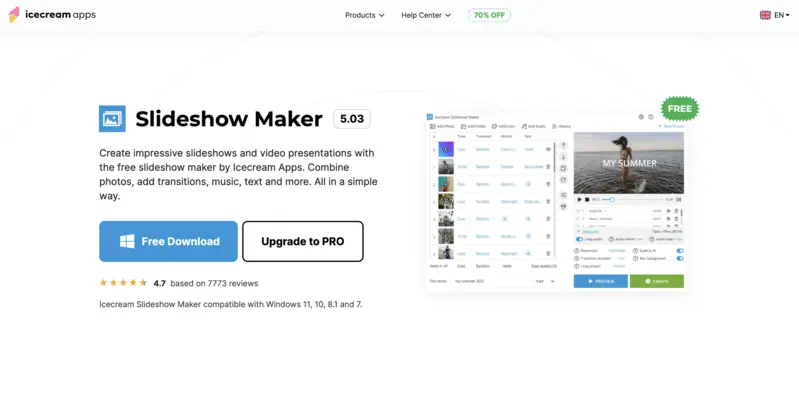 Landing page of the free YouTube slideshow maker - Icecream Slideshow Maker