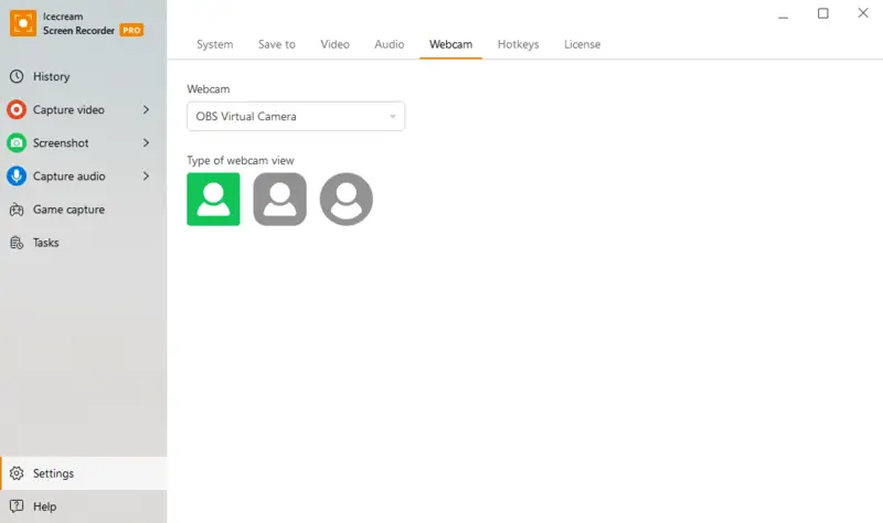 Settings for webcam recording on Windows in Icecream Screen Recorder