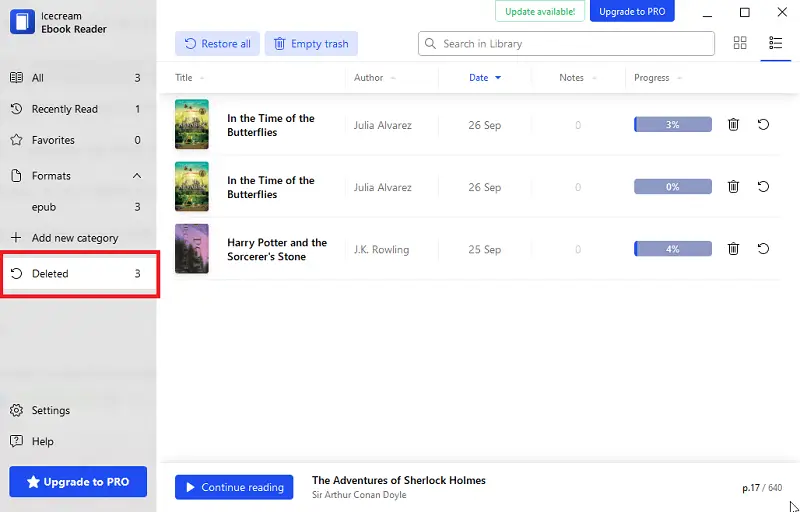 Folder with the deleted ebooks in Icecream Ebook Reader